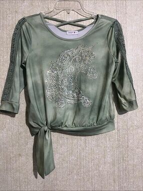 Heart Soul Girls Sage Green Unicorn Tie-Front Sweatshirt
